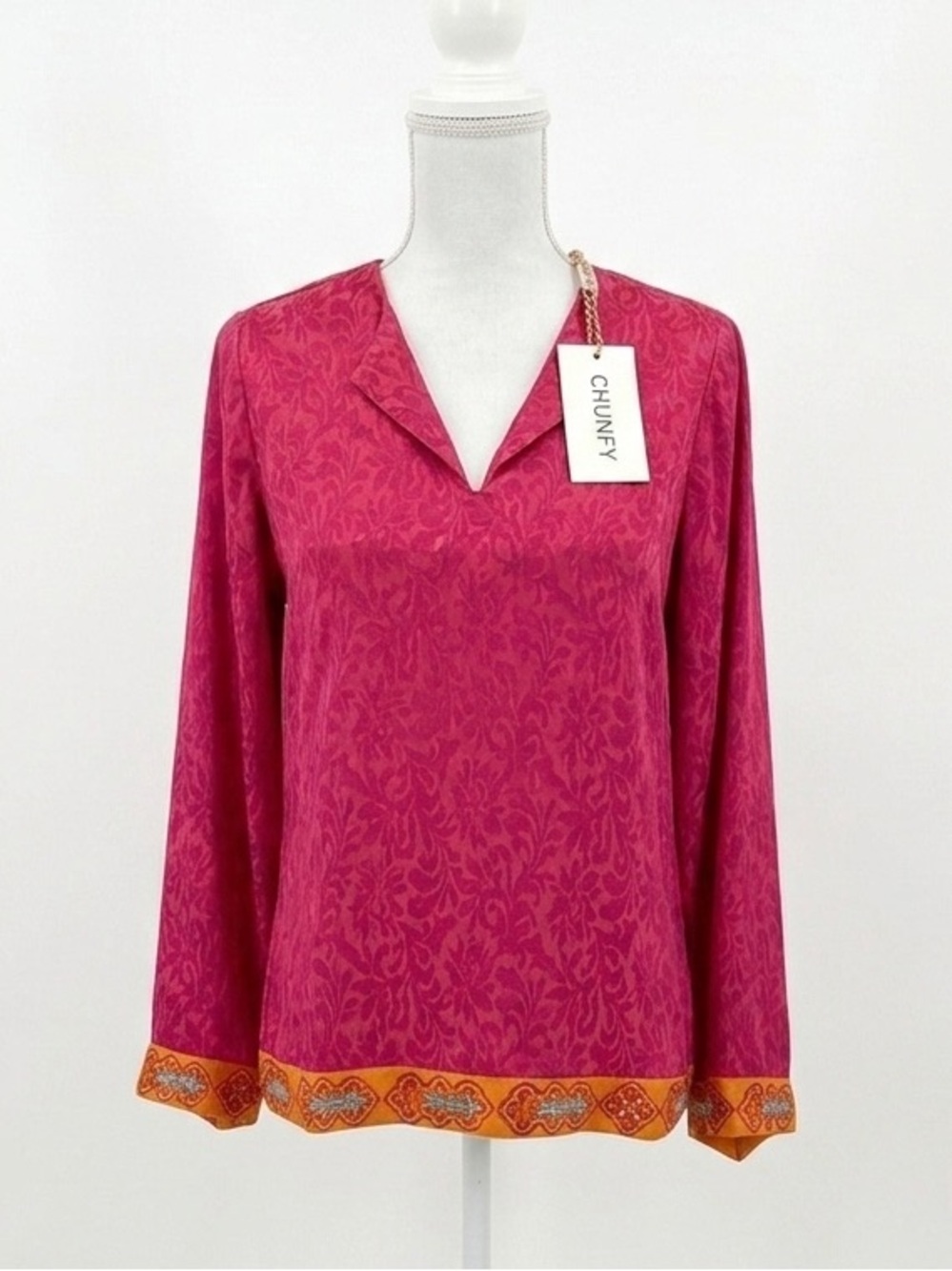 CHUFY Pink Damask Jacquard Long Sleeve Top Embroidered Trim V-Neck NWT